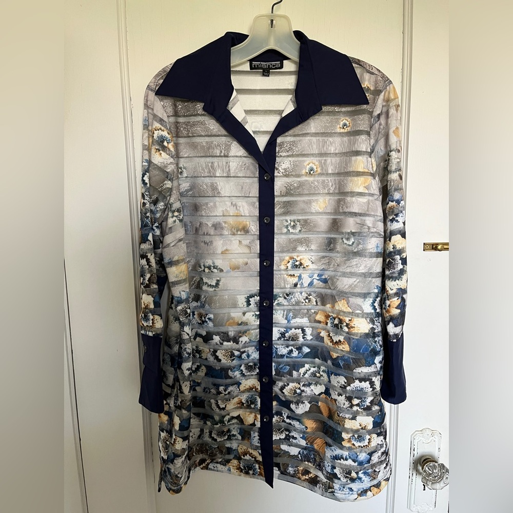 Sheer navy/silver button down top by Mishka, L